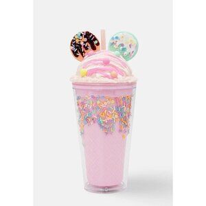 Pink 3D Cookie Ice Cream Sprinkle Cup 16oz Cold Beverage w/ Straw & Lid Tumbler